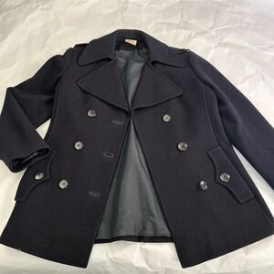 Vintage 70s St Michael Womens Navy Wool Double‎ Breasted Peacoat UK Medium Large